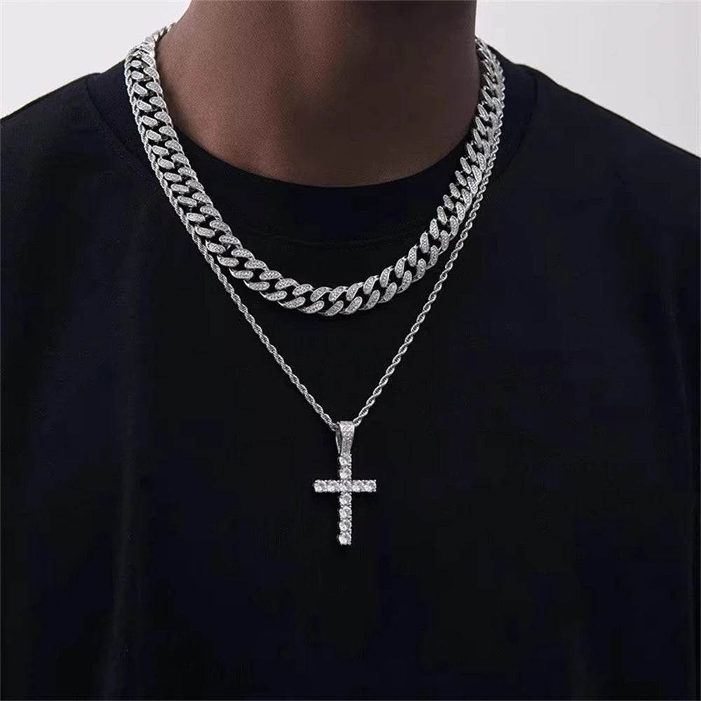 925 Sterling Silver Necklace Inlaid Crystal Zircon Fashion Cross Men'S Pendant Necklace, Party Gift Jewelry