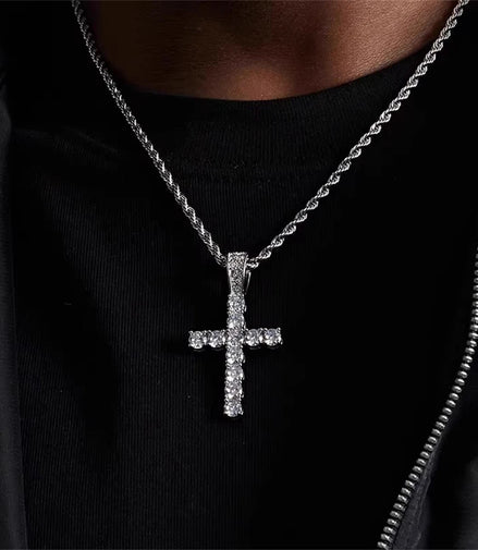 925 Sterling Silver Necklace Inlaid Crystal Zircon Fashion Cross Men'S Pendant Necklace, Party Gift Jewelry