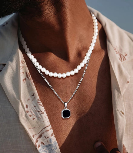 2Pcs Necklaces Set for Men, Geometric Square Pendant with 55Cm Rope Box Cuban Chain, Simulated Pearl Chain Steel Collar
