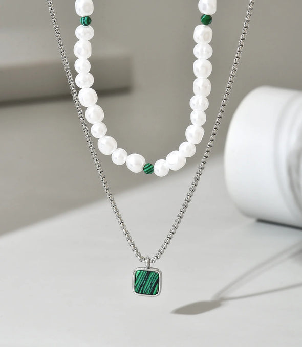 2PCS Fashion Trend Turquoise Pendant Men'S Beaded Stainless Steel Necklace Casual Versatile Jewelry