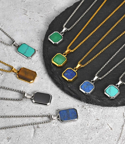 Trendy Pendant Necklaces for Men Boys,Square Natural Stone Stainless Steel Necklaces,New Hip Hop Cool Jewelry Gifts
