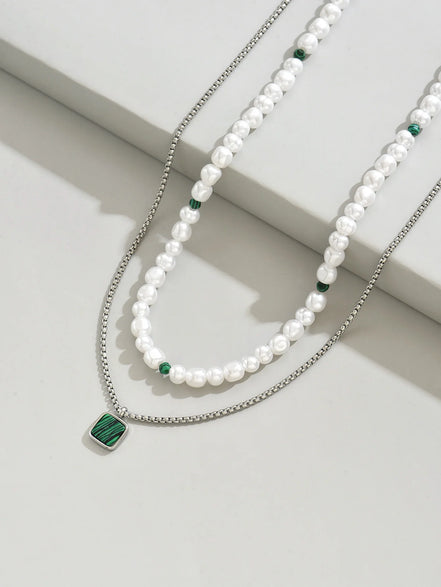2PCS Fashion Trend Turquoise Pendant Men'S Beaded Stainless Steel Necklace Casual Versatile Jewelry