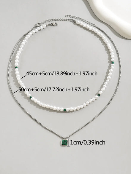 2PCS Fashion Trend Turquoise Pendant Men'S Beaded Stainless Steel Necklace Casual Versatile Jewelry
