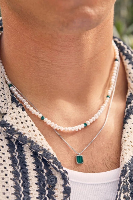 2PCS Fashion Trend Turquoise Pendant Men'S Beaded Stainless Steel Necklace Casual Versatile Jewelry