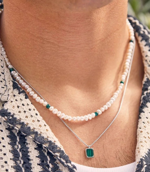 2PCS Fashion Trend Turquoise Pendant Men'S Beaded Stainless Steel Necklace Casual Versatile Jewelry