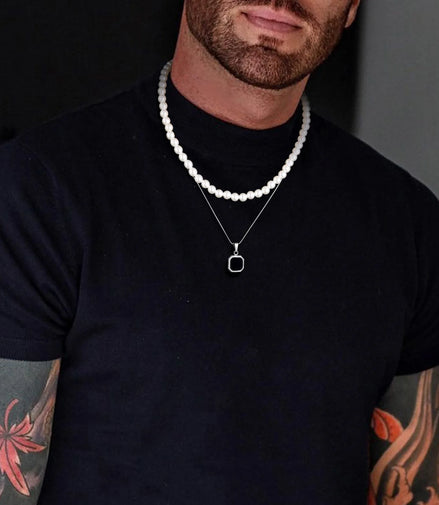 2Pcs Necklaces Set for Men, Geometric Square Pendant with 55Cm Rope Box Cuban Chain, Simulated Pearl Chain Steel Collar